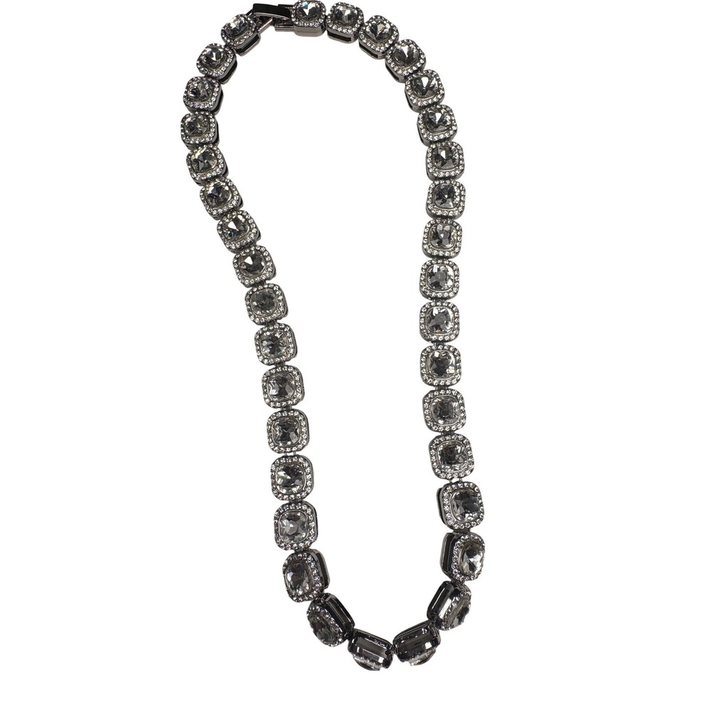 Chunky Silver Tone Cushion Cut Rhinestone Necklace Statement Sparkle